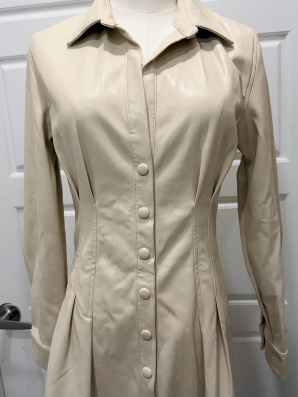Heartloom Tai Faux Leather Cream Button-Front Long Sleeve Shirt Dress - Picture 2 of 11